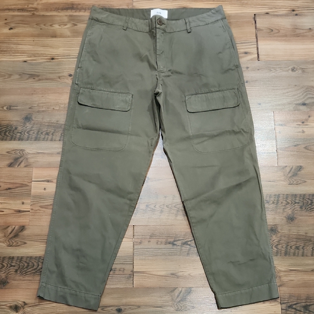 Folk Assembly Cotton Brushed Twill Cargo Pocket Pant Utility XLarge Green Khaki